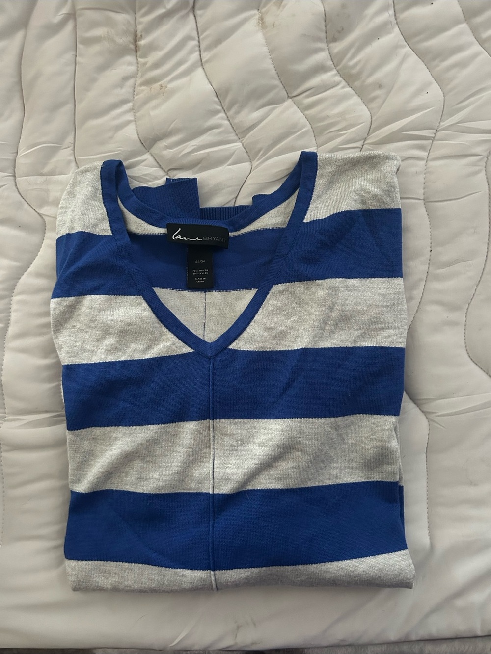 Lane Bryant Blue and Light Gray Striped V-Neck Sweater